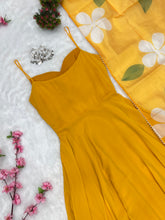 Load image into Gallery viewer, Yellow Color Pure Fux Georgette Fully Flair Gown Dupatta Set Ready To wear Fully Stitched Clothsvilla