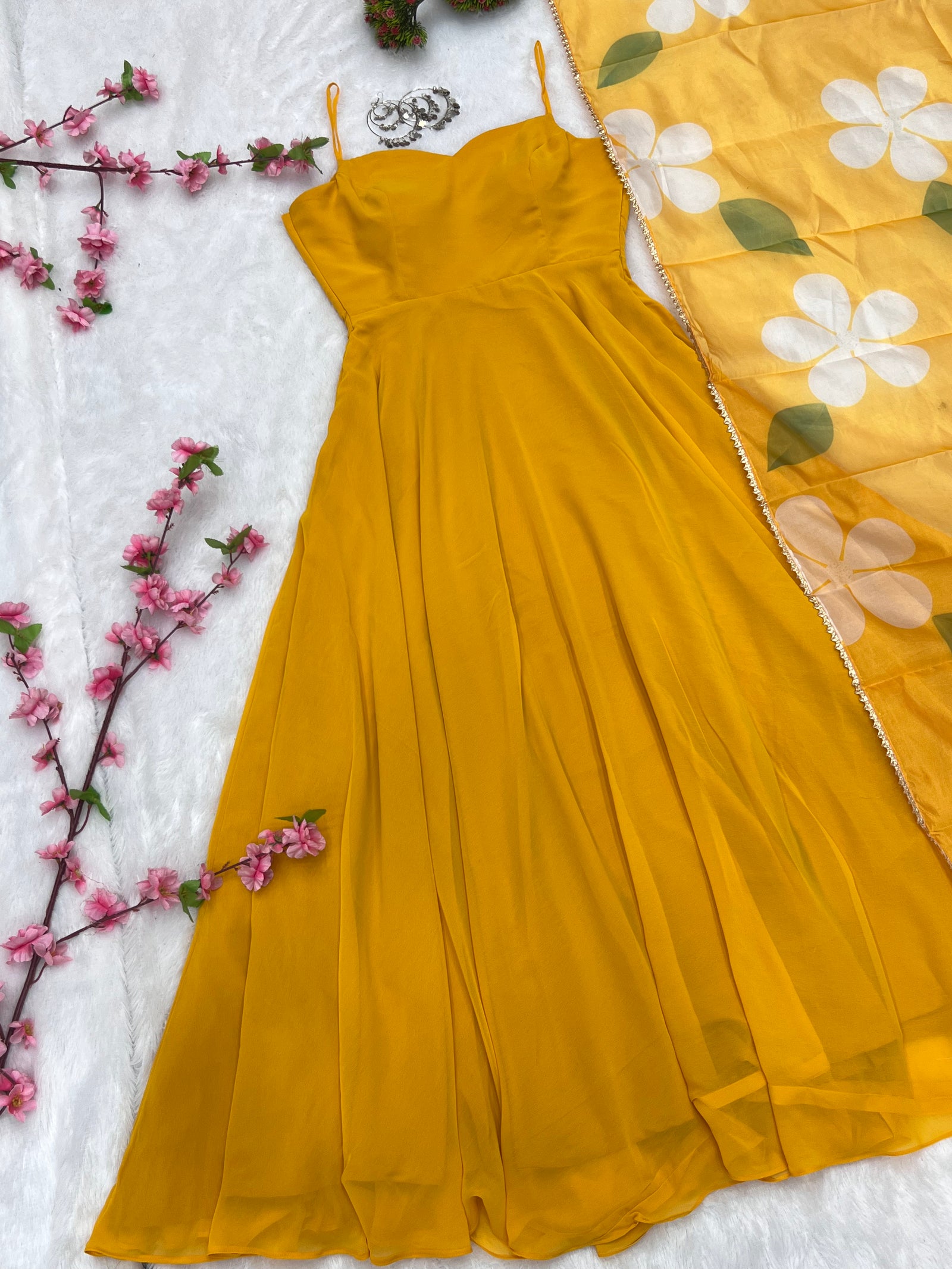 Yellow Color Pure Fux Georgette Fully Flair Gown Dupatta Set Ready To wear Fully Stitched Clothsvilla