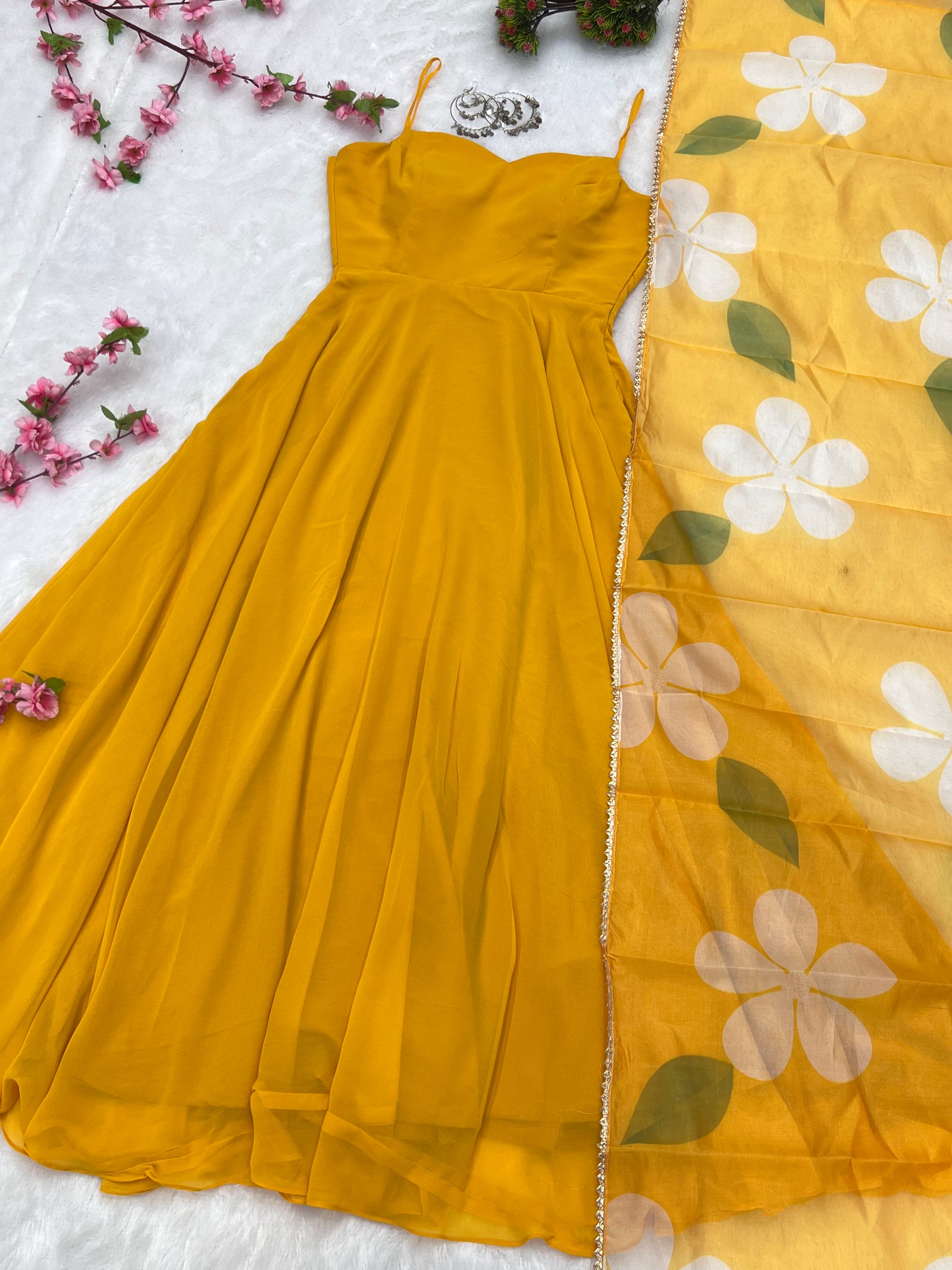 Yellow Color Pure Fux Georgette Fully Flair Gown Dupatta Set Ready To wear Fully Stitched Clothsvilla