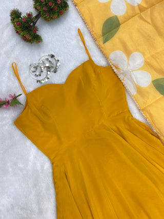 Yellow Color Pure Fux Georgette Fully Flair Gown Dupatta Set Ready To wear Fully Stitched Clothsvilla