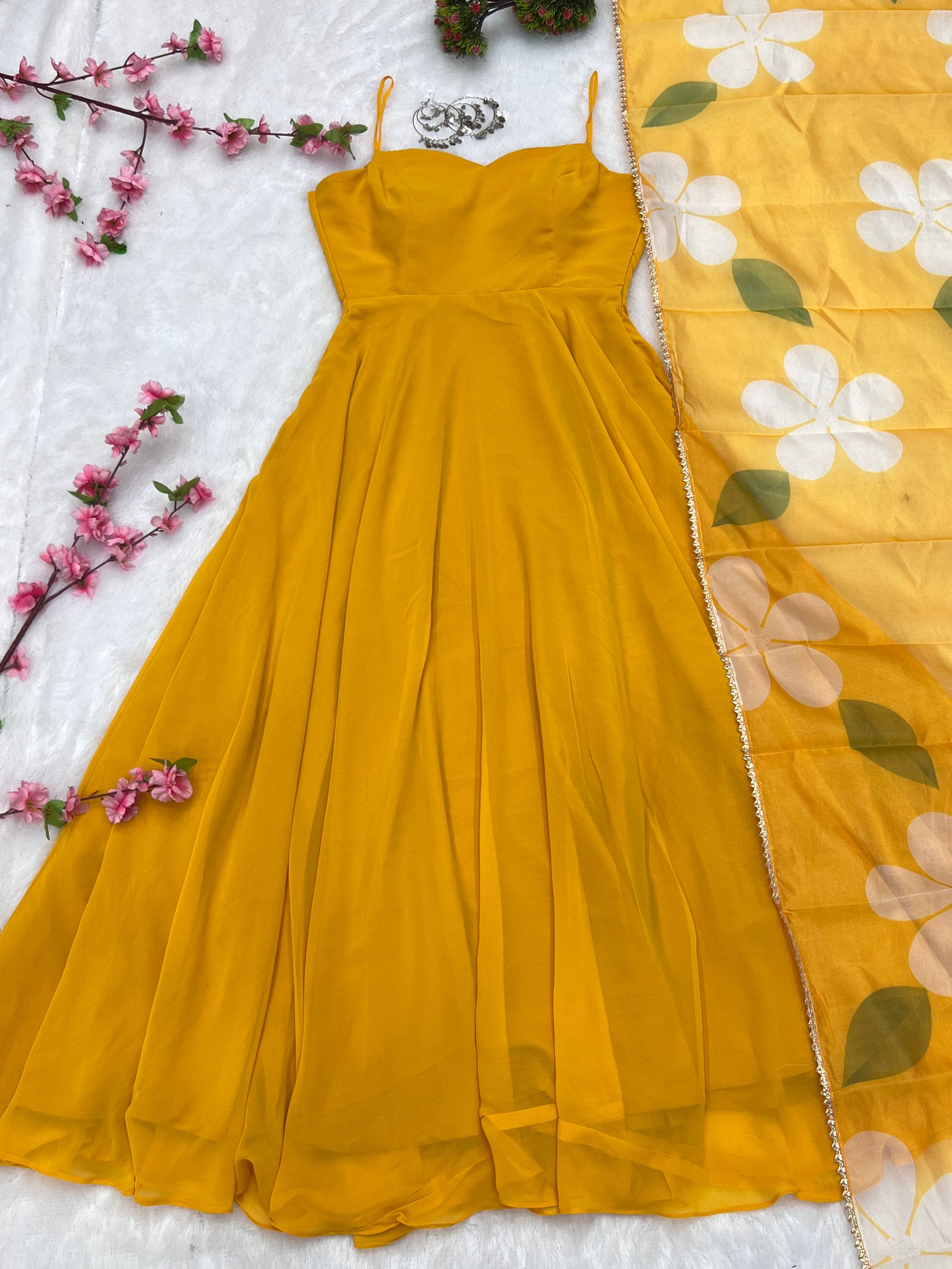 Yellow Color Pure Fux Georgette Fully Flair Gown Dupatta Set Ready To wear Fully Stitched Clothsvilla