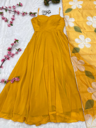 Yellow Color Pure Fux Georgette Fully Flair Gown Dupatta Set Ready To wear Fully Stitched Clothsvilla