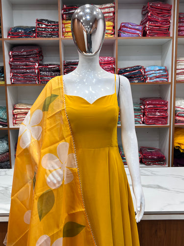 Yellow Color Pure Fux Georgette Fully Flair Gown Dupatta Set Ready To wear Fully Stitched Clothsvilla
