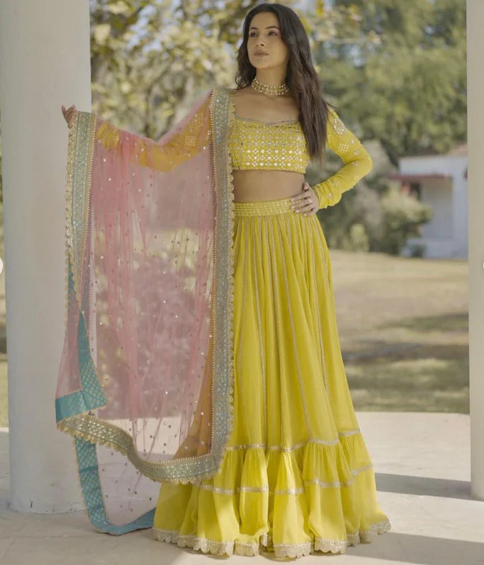 Yellow Designer Embroidered Lehenga Choli In Georgette For Bridal Marriage Mehendi Sangeet Party Wear Clothsvilla Main image