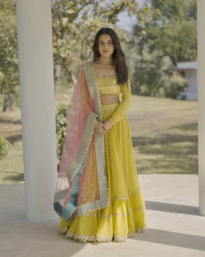 Yellow Designer Embroidered Lehenga Choli In Georgette For Bridal Marriage Mehendi Sangeet Party Wear Clothsvilla