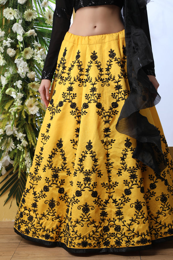 Yellow Embroidered Art Silk Lehenga Choli With Ruffle Dupatta ClothsVilla