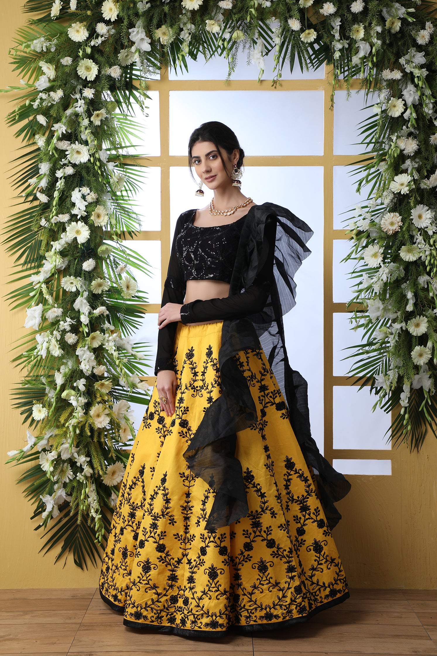 Yellow Embroidered Art Silk Lehenga Choli With Ruffle Dupatta ClothsVilla