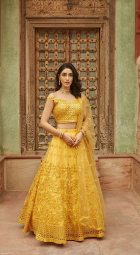 Yellow Embroidered Semi-Stitched Lehenga In Pure Organza Clothsvilla