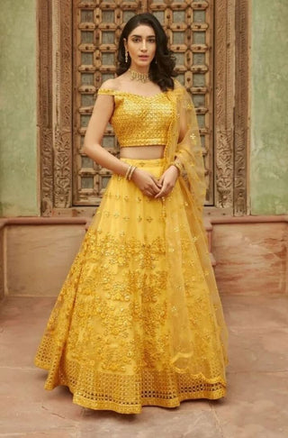 Yellow Embroidered Semi-Stitched Lehenga In Pure Organza Clothsvilla