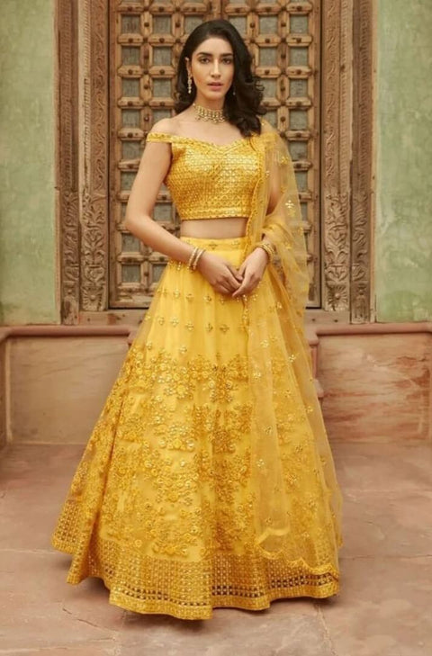Yellow Embroidered Semi-Stitched Lehenga In Pure Organza Clothsvilla Main image