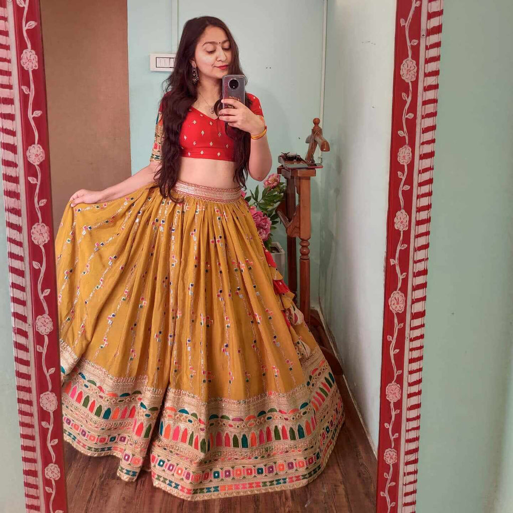 Buy Partywear Lehengas - Yellow And Red Embroidery Wedding Lehenga Choli