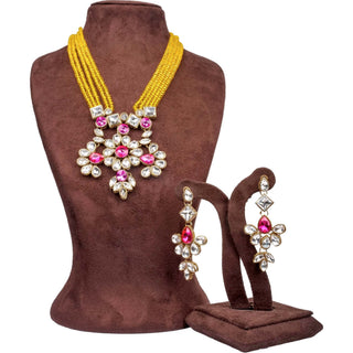 Yellow Pearl and Pink Dimond Necklace Alloy Gold-plated Jewel Set ClothsVilla