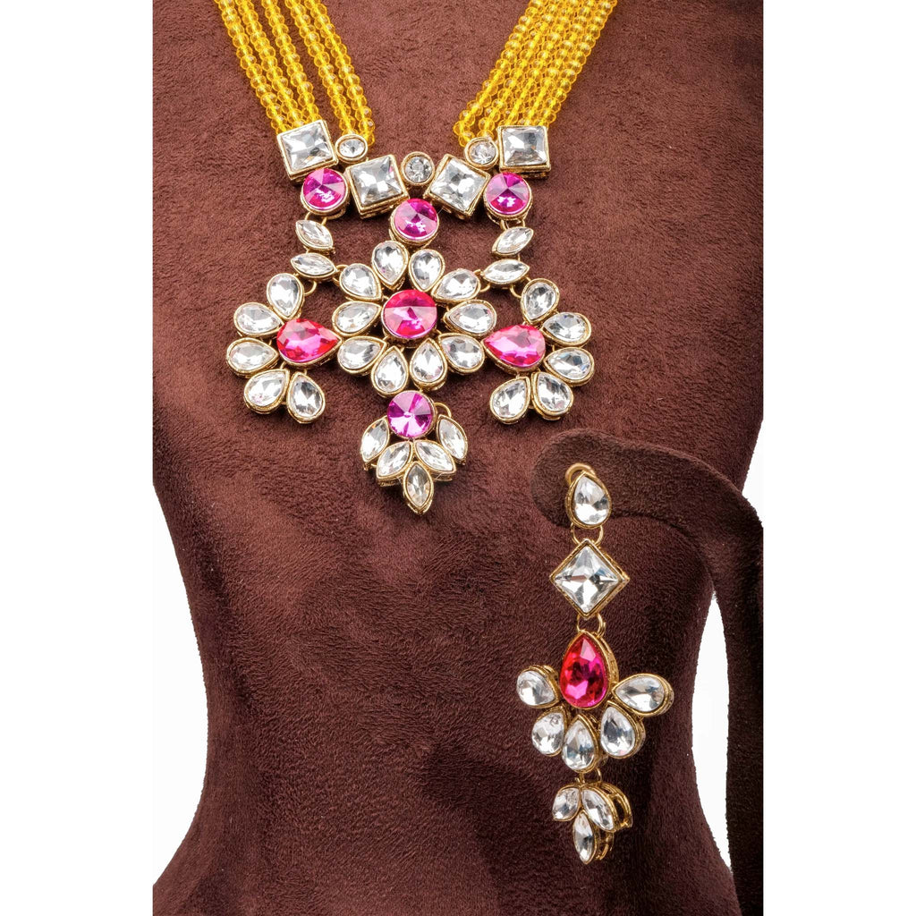 Yellow Pearl and Pink Dimond Necklace Alloy Gold-plated Jewel Set ClothsVilla