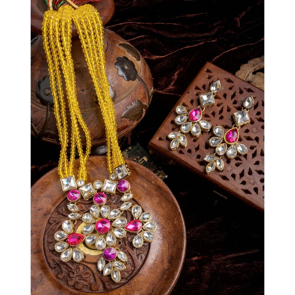 Yellow Pearl and Pink Dimond Necklace Alloy Gold-plated Jewel Set ClothsVilla