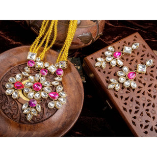 Yellow Pearl and Pink Dimond Necklace Alloy Gold-plated Jewel Set ClothsVilla