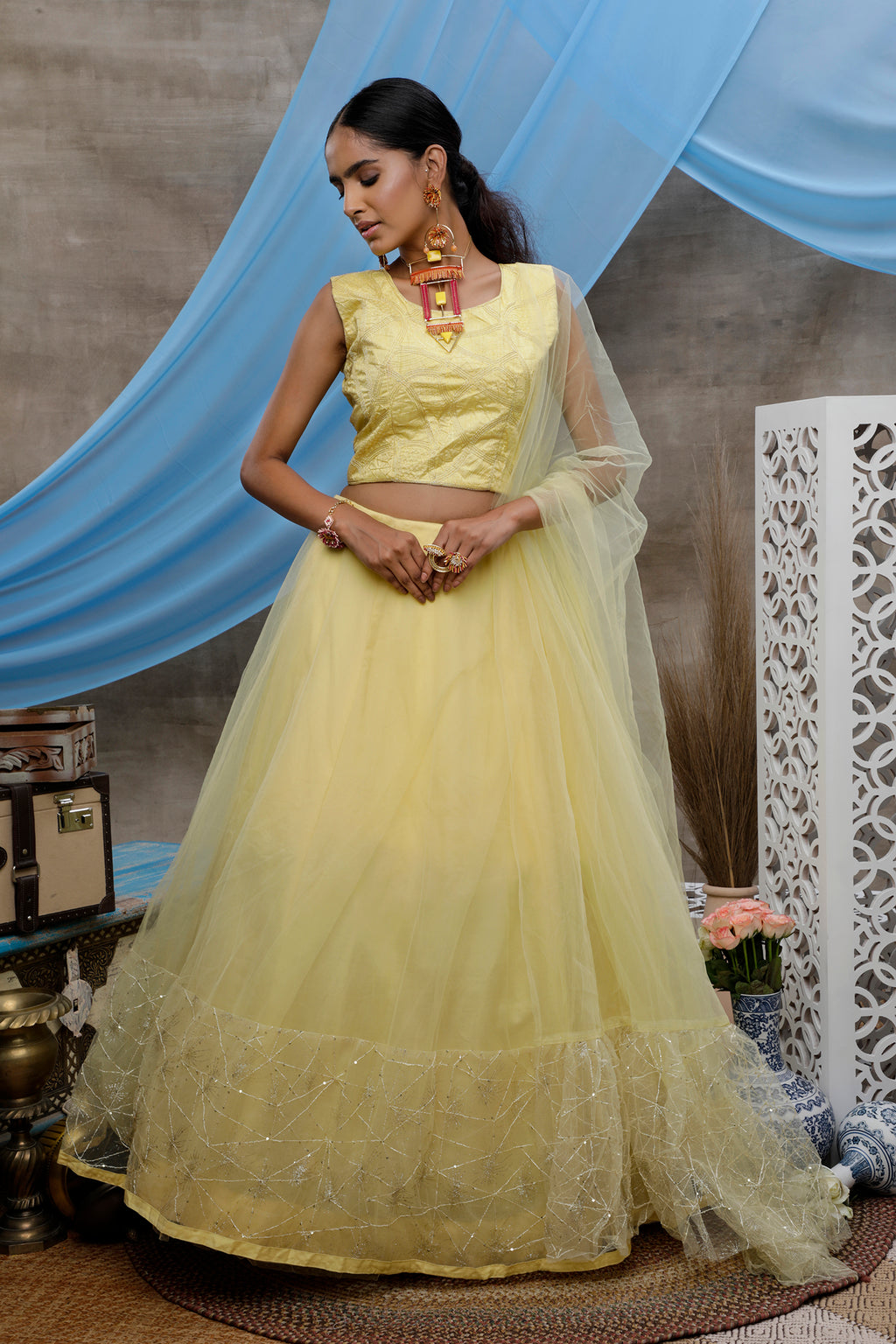 Yellow Ruffle Thread Net Party Wear Lehenga Choli ClothsVilla