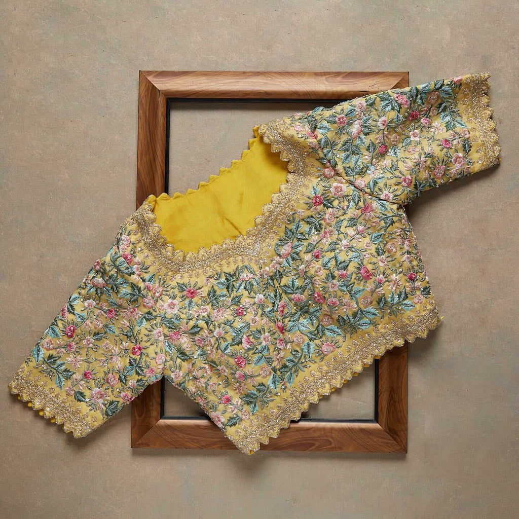 Yellow Saree in Organza Silk With Resham Work With Unstitched Blouse Clothsvilla