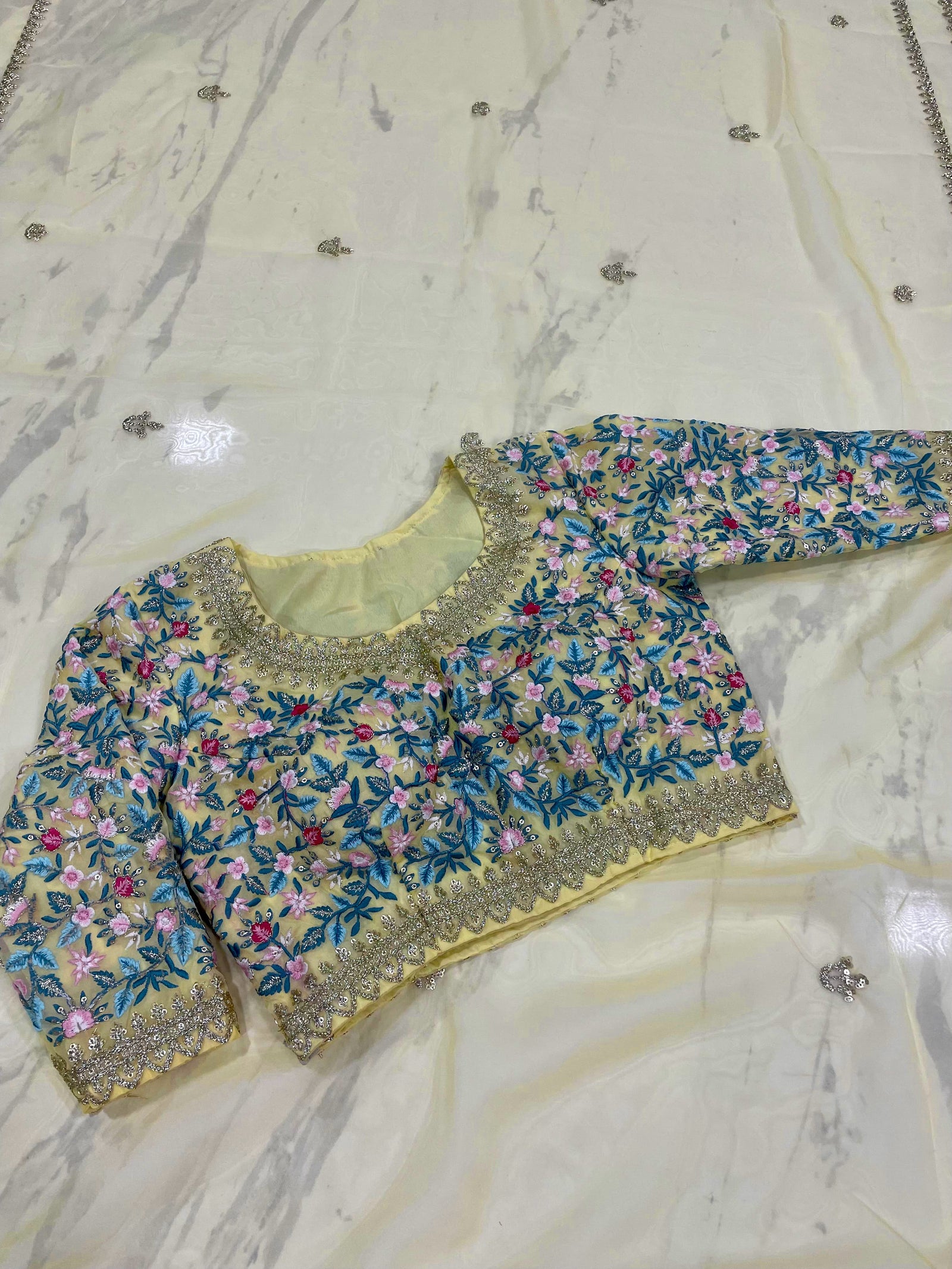 Yellow Saree in Organza Silk With Resham Work With Unstitched Blouse Clothsvilla