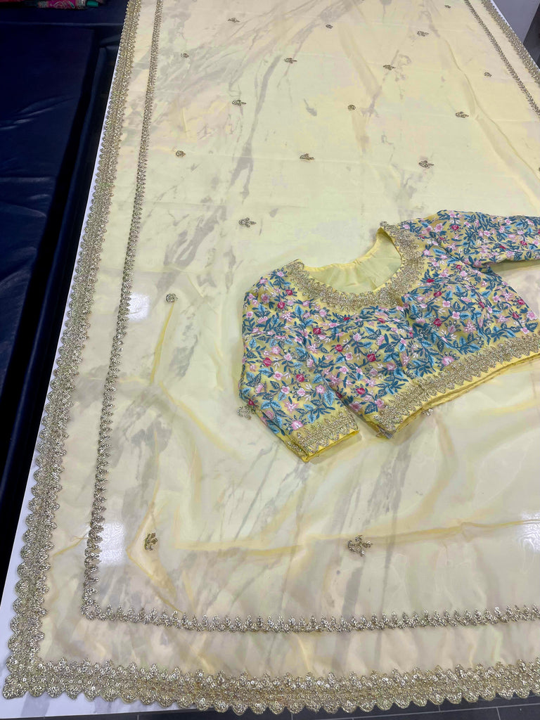 Yellow Saree in Organza Silk With Resham Work With Unstitched Blouse Clothsvilla