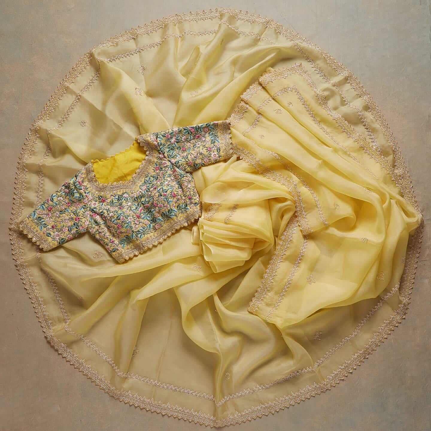 Yellow Saree in Organza Silk With Resham Work With Unstitched Blouse Clothsvilla