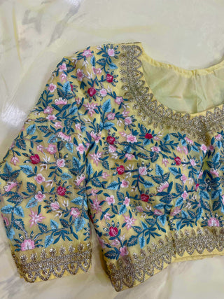 Yellow Saree in Organza Silk With Resham Work With Unstitched Blouse Clothsvilla
