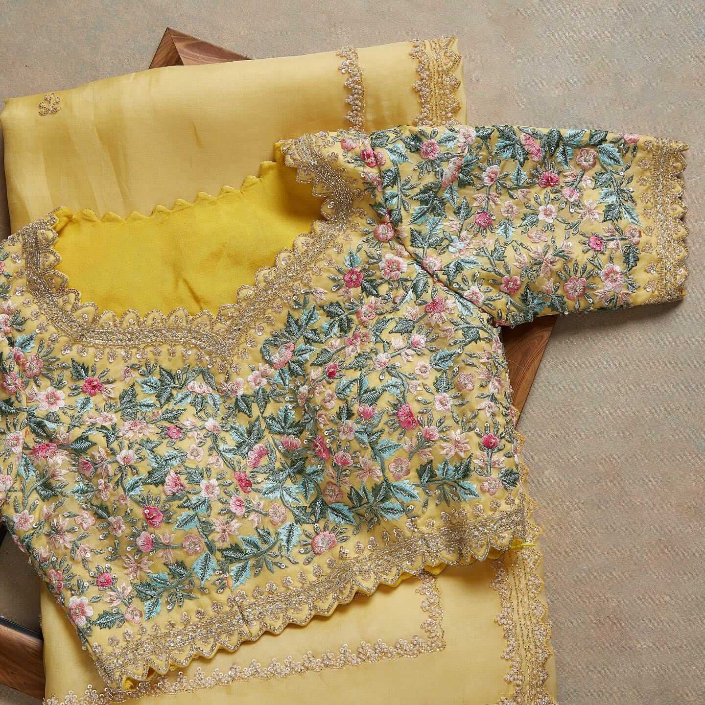Yellow Saree in Organza Silk With Resham Work With Unstitched Blouse Clothsvilla
