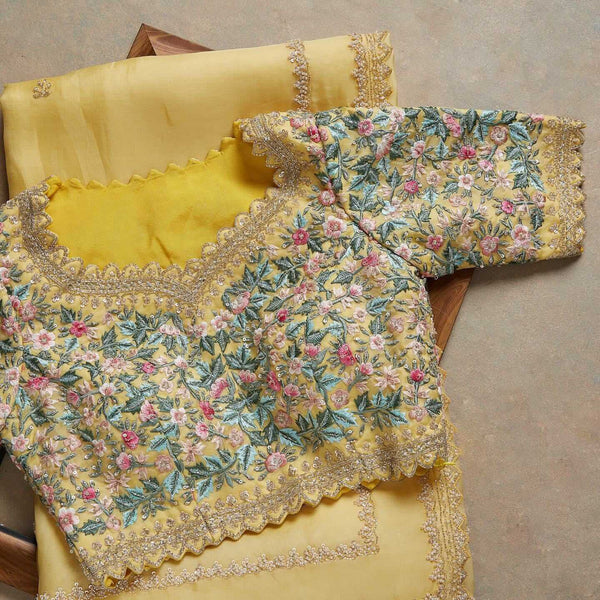 Yellow Saree in Organza Silk With Resham Work With Unstitched Blouse Clothsvilla