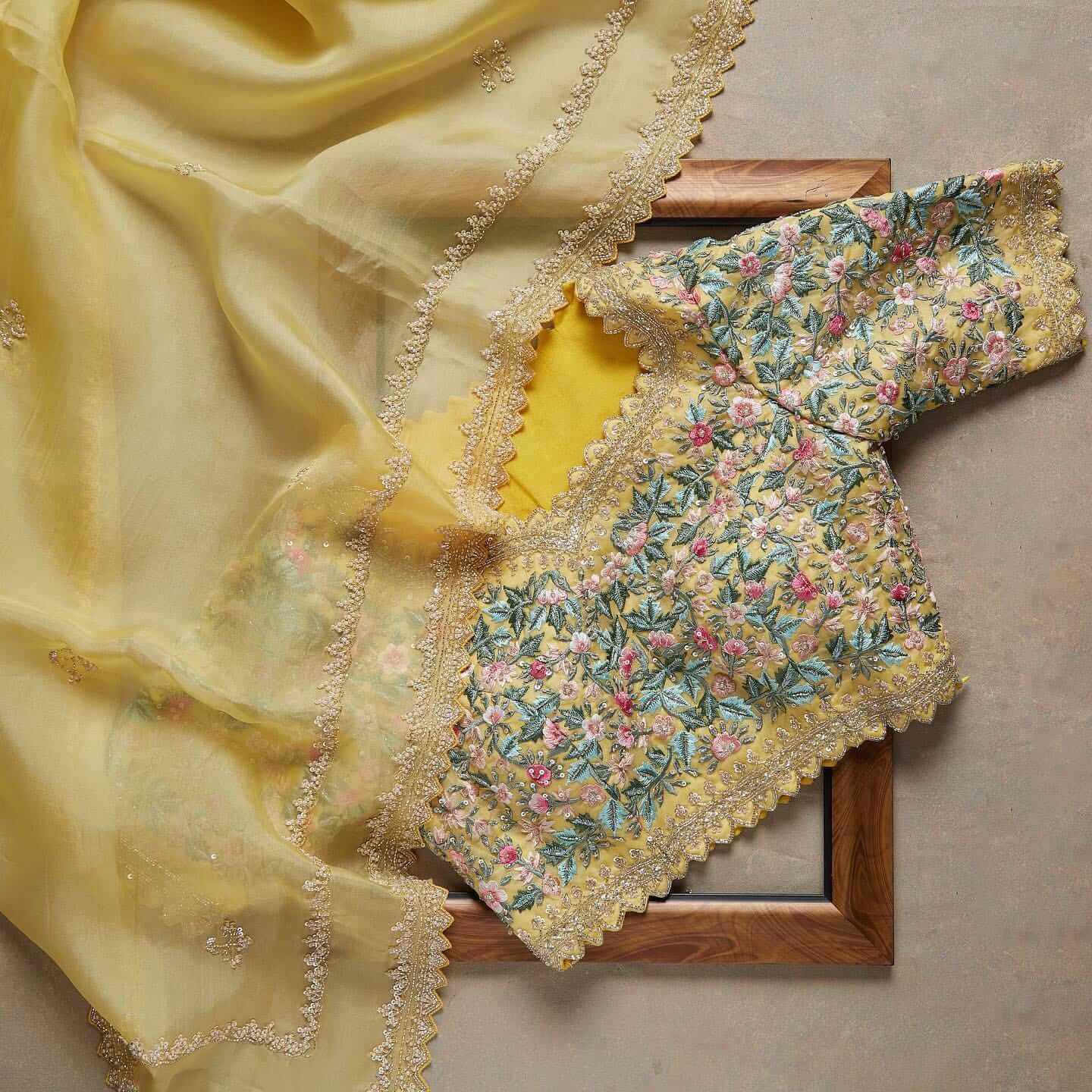 Yellow Saree in Organza Silk With Resham Work With Unstitched Blouse Clothsvilla