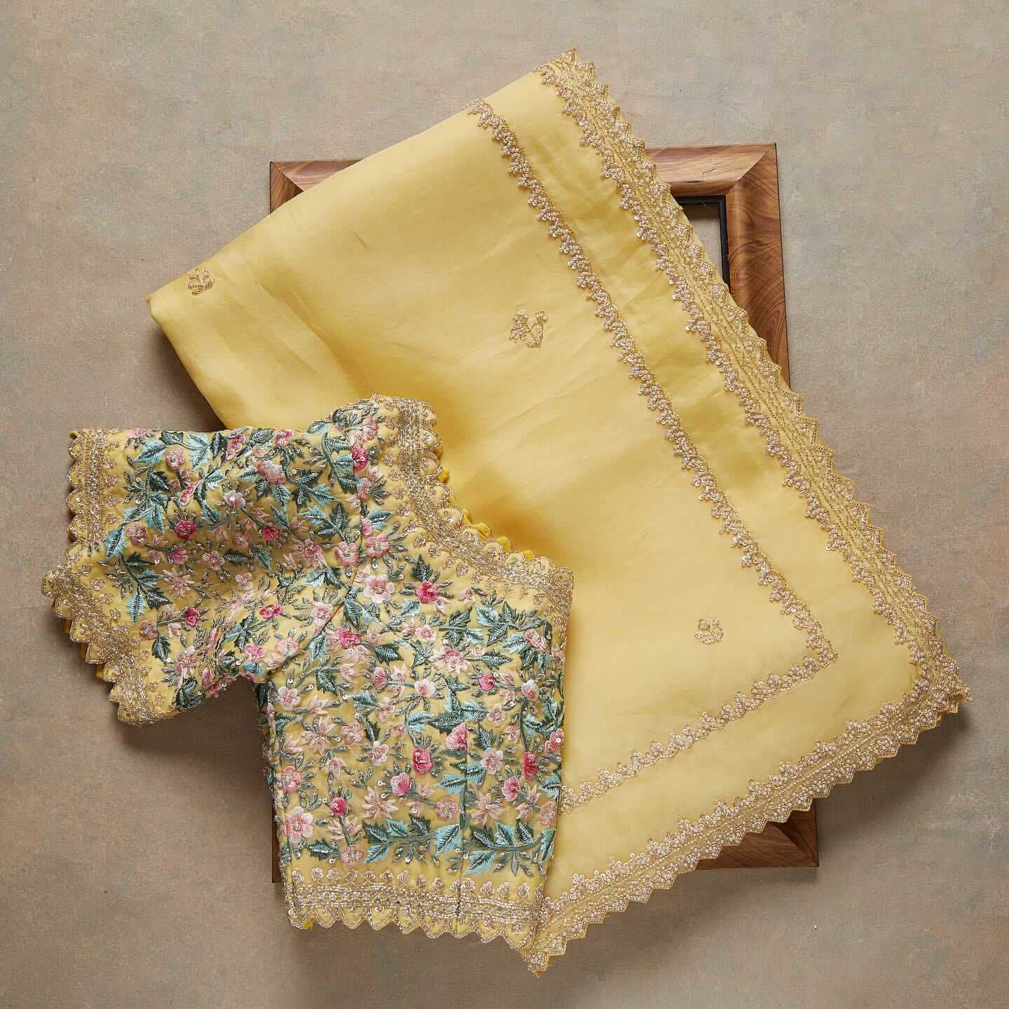 Yellow Saree in Organza Silk With Resham Work With Unstitched Blouse Clothsvilla