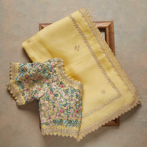 Yellow Saree in Organza Silk With Resham Work With Unstitched Blouse Clothsvilla