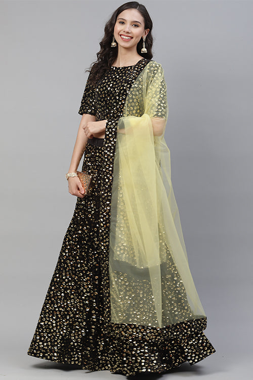 Yellow Sequins Bollywood Style Velvet Lehenga Choli Collection ClothsVilla.com Main image