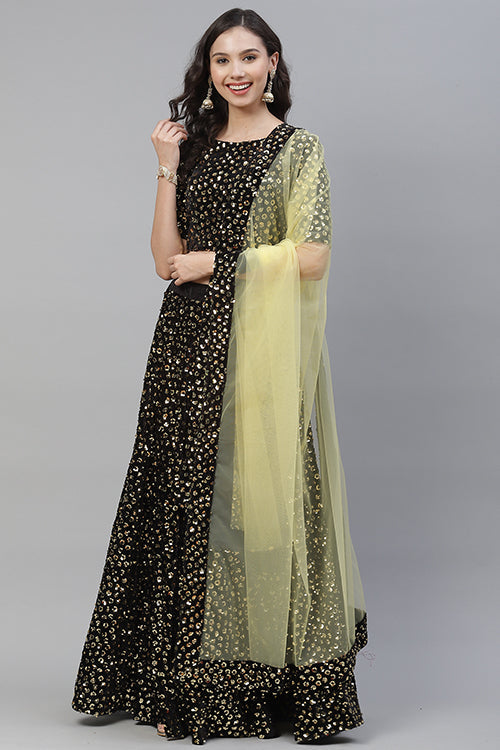 Yellow Sequins Bollywood Style Velvet Lehenga Choli Collection ClothsVilla.com