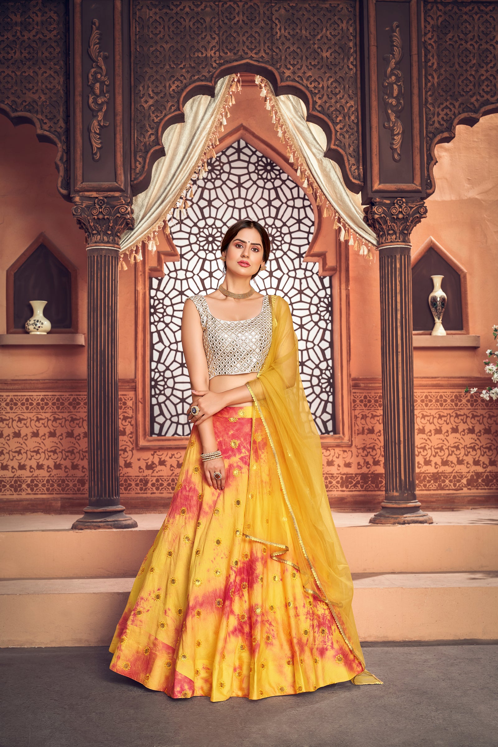 Yellow Shibori Printed Cotton Party Wear Lehenga Choli ClothsVilla