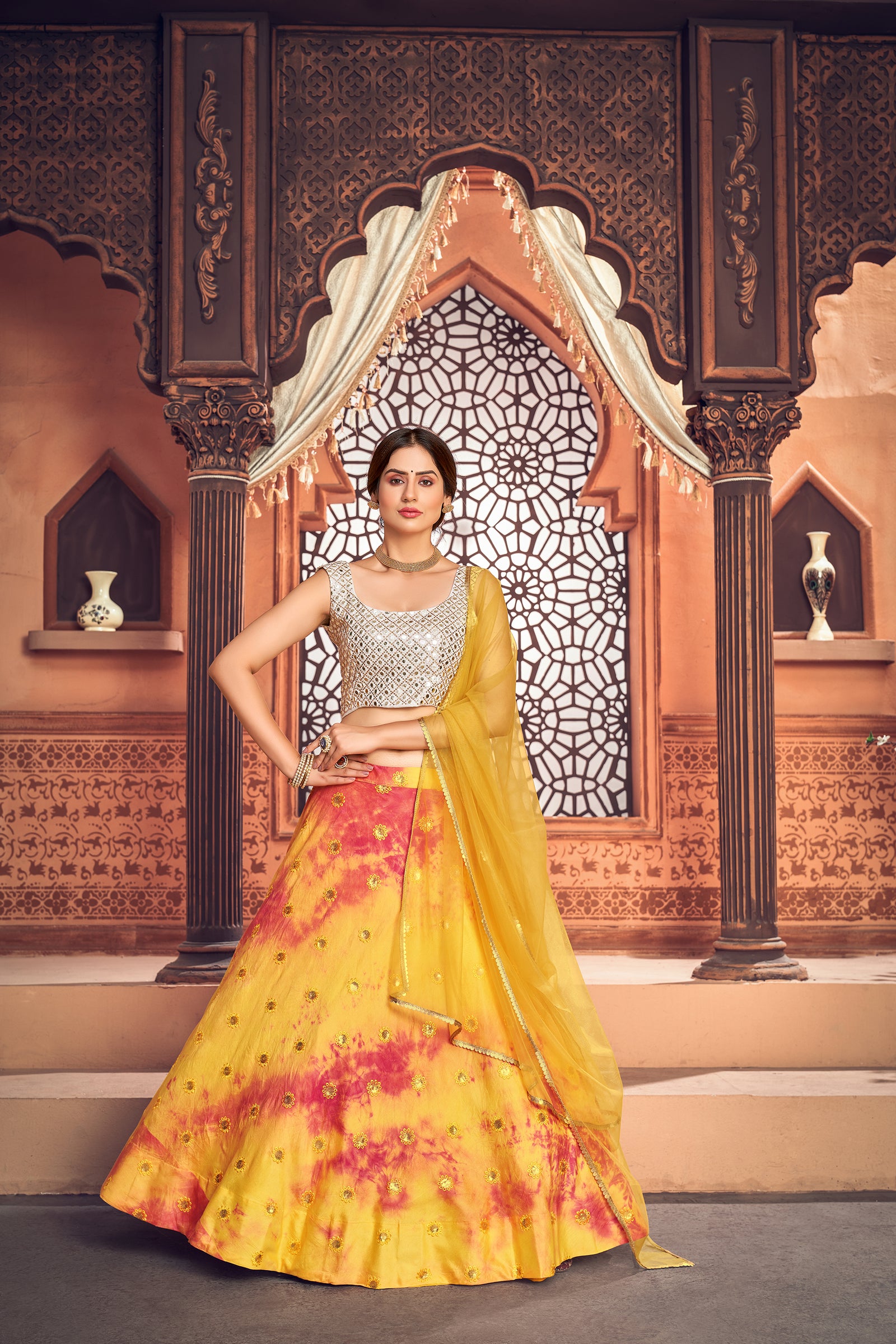 Yellow Shibori Printed Cotton Party Wear Lehenga Choli ClothsVilla