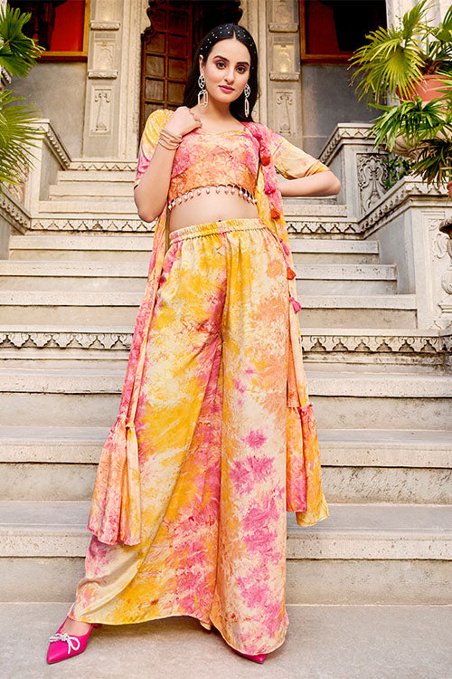 Yellow Silk Print Work Three Piece Co-Ord Set ClothsVilla.com Main image