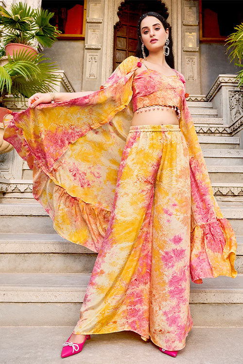 Yellow Silk Print Work Three Piece Co-Ord Set ClothsVilla.com