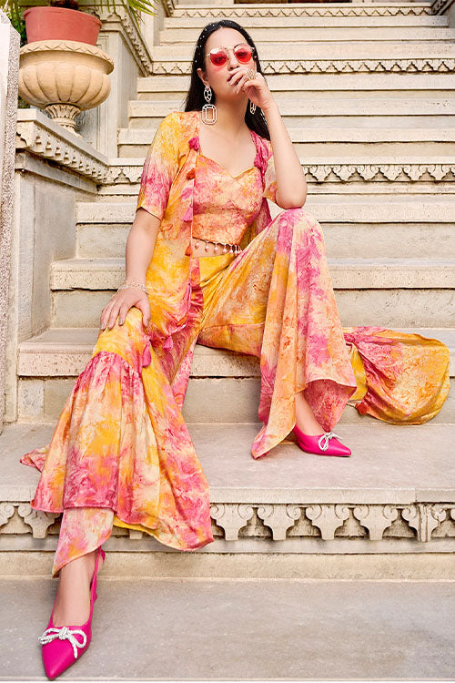 Yellow Silk Print Work Three Piece Co-Ord Set ClothsVilla.com