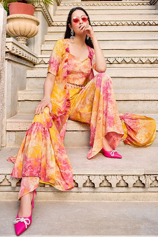 Yellow Silk Print Work Three Piece Co-Ord Set ClothsVilla.com