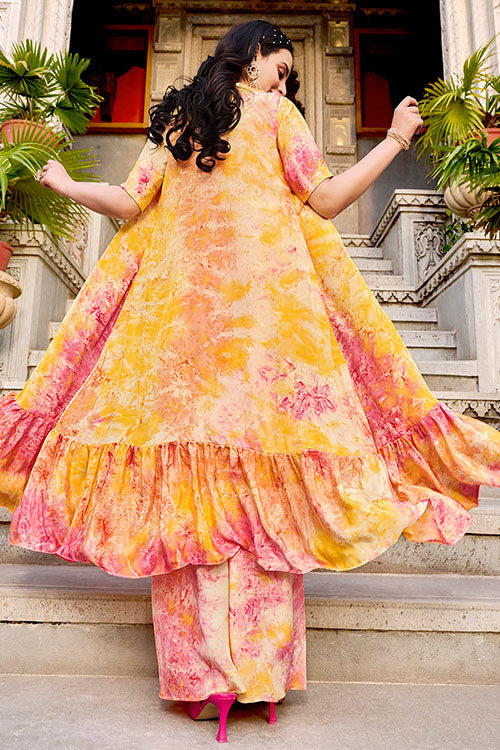 Yellow Silk Print Work Three Piece Co-Ord Set ClothsVilla.com