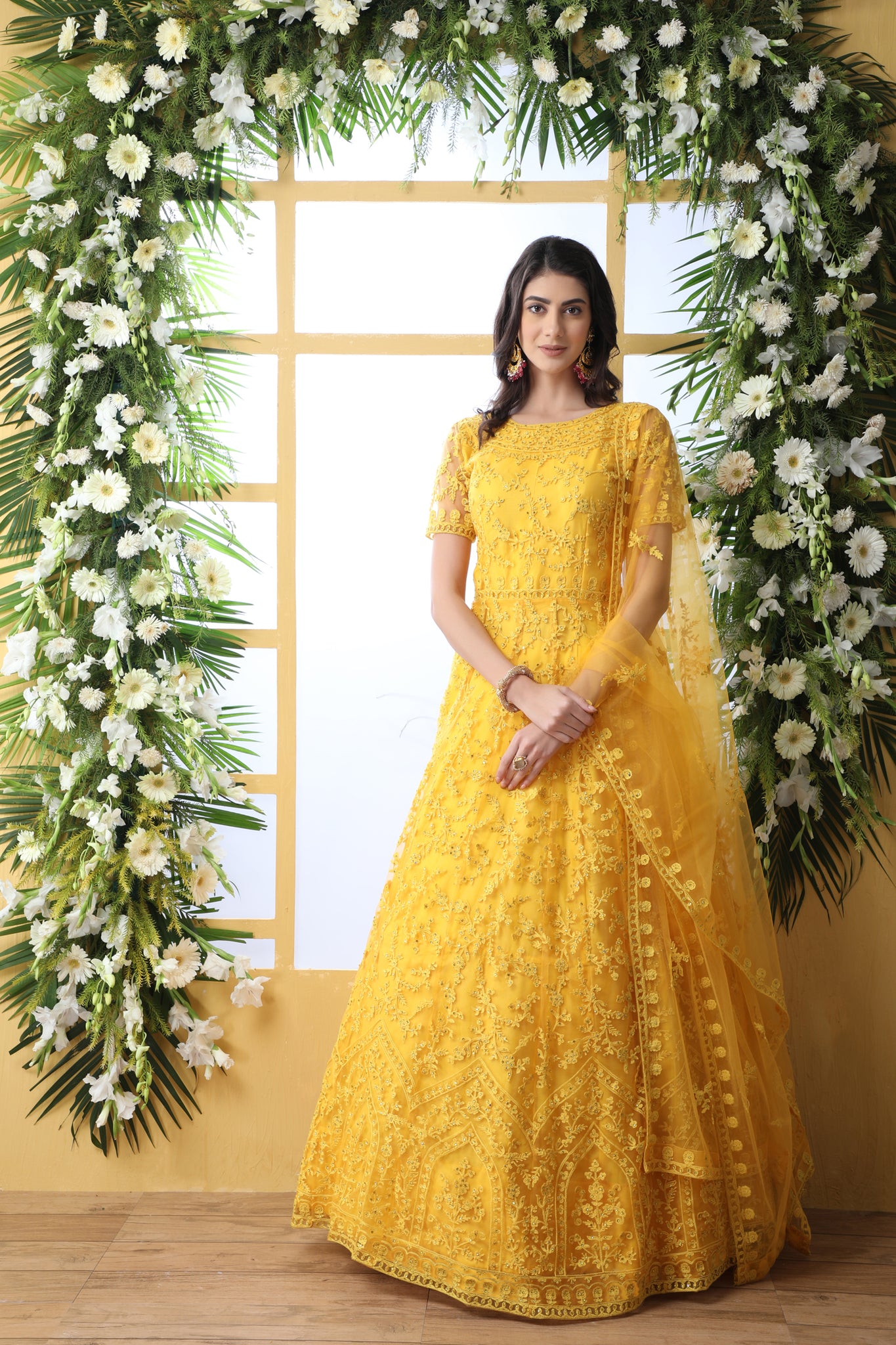 Yellow Thread Embroidered Net Party Wear Anarkali Gown With