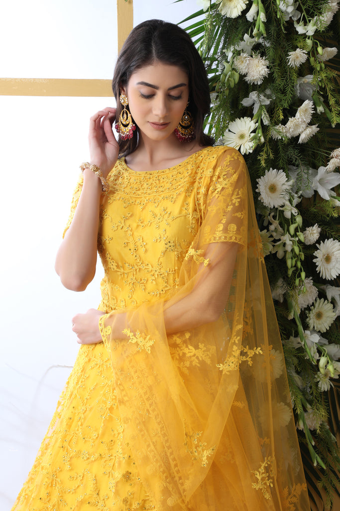 Yellow net sequence worked wedding gown with dupatta | Ladies gown, Indian  bridesmaid dresses, Anarkali dress indian