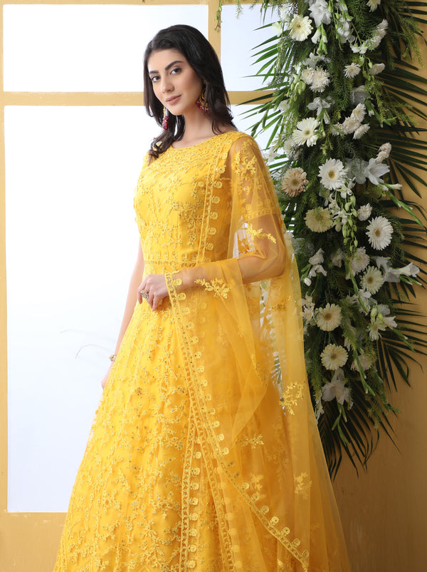 Yellow Thread Embroidered Net Party Wear Anarkali Gown With Dupatta ClothsVilla