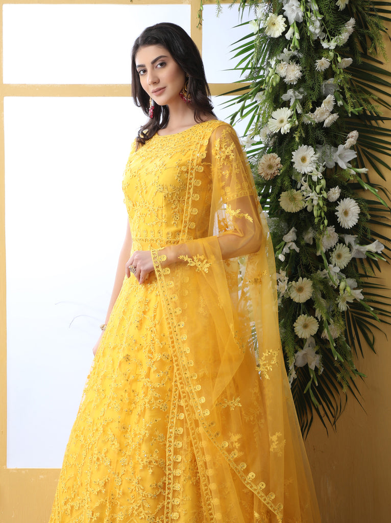 Yellow Thread Embroidered Net Party Wear Anarkali Gown With Dupatta ClothsVilla