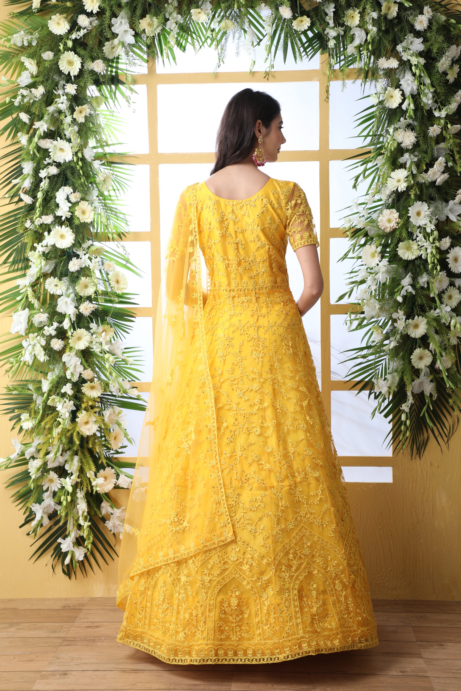Yellow Thread Embroidered Net Party Wear Anarkali Gown With Dupatta ClothsVilla