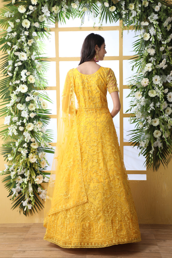 Yellow Thread Embroidered Net Party Wear Anarkali Gown With Dupatta ClothsVilla
