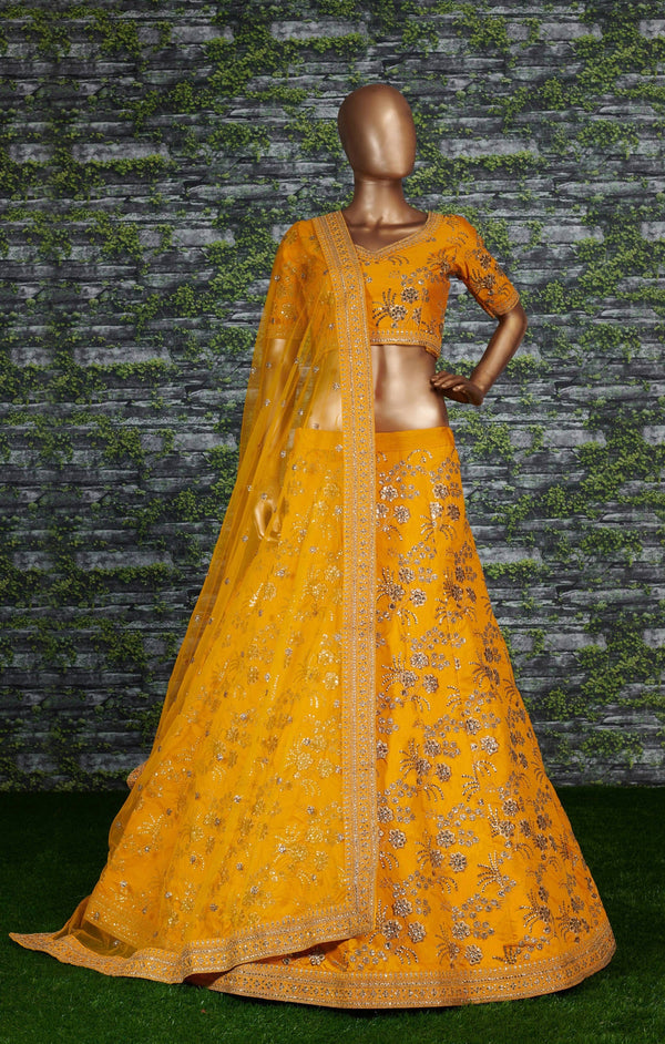 Hypnotic Yellow Colored Wedding Wear Embroidered Satin Lehenga Choli ClothsVilla