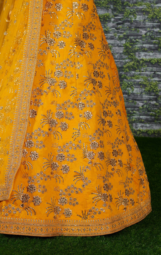 Hypnotic Yellow Colored Wedding Wear Embroidered Satin Lehenga Choli ClothsVilla