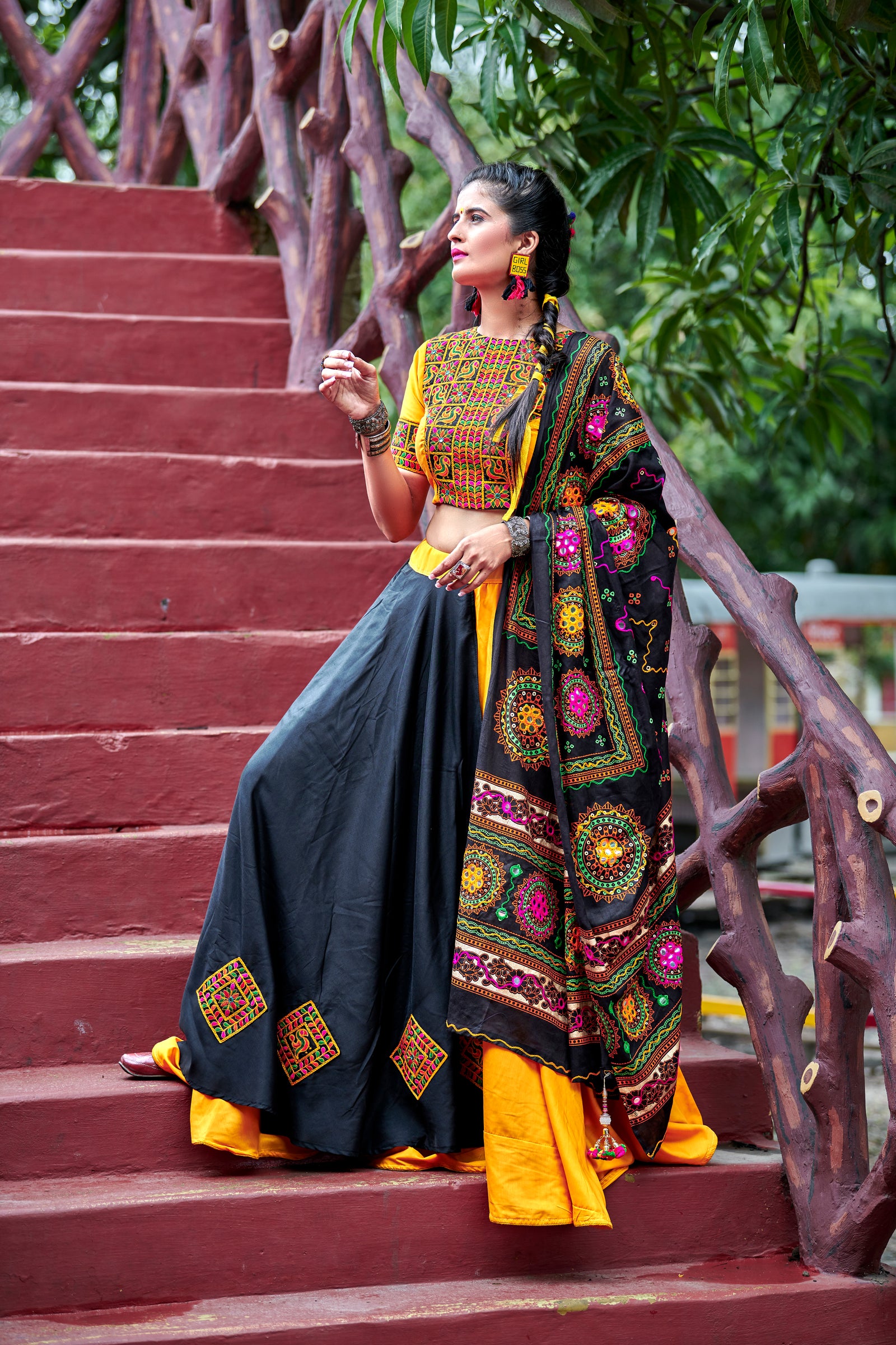 Yellow & Black Embroidered Cotton Indian Traditional Festival Dandiya Raas Garba Semi Stitched Navratri Lehenga ClothsVilla