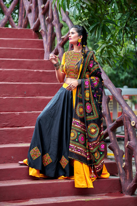 Yellow & Black Embroidered Cotton Indian Traditional Festival Dandiya Raas Garba Semi Stitched Navratri Lehenga ClothsVilla Main image