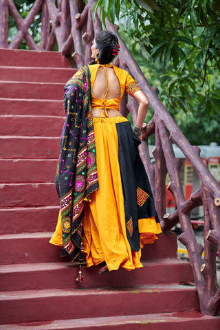 Yellow & Black Embroidered Cotton Indian Traditional Festival Dandiya Raas Garba Semi Stitched Navratri Lehenga ClothsVilla